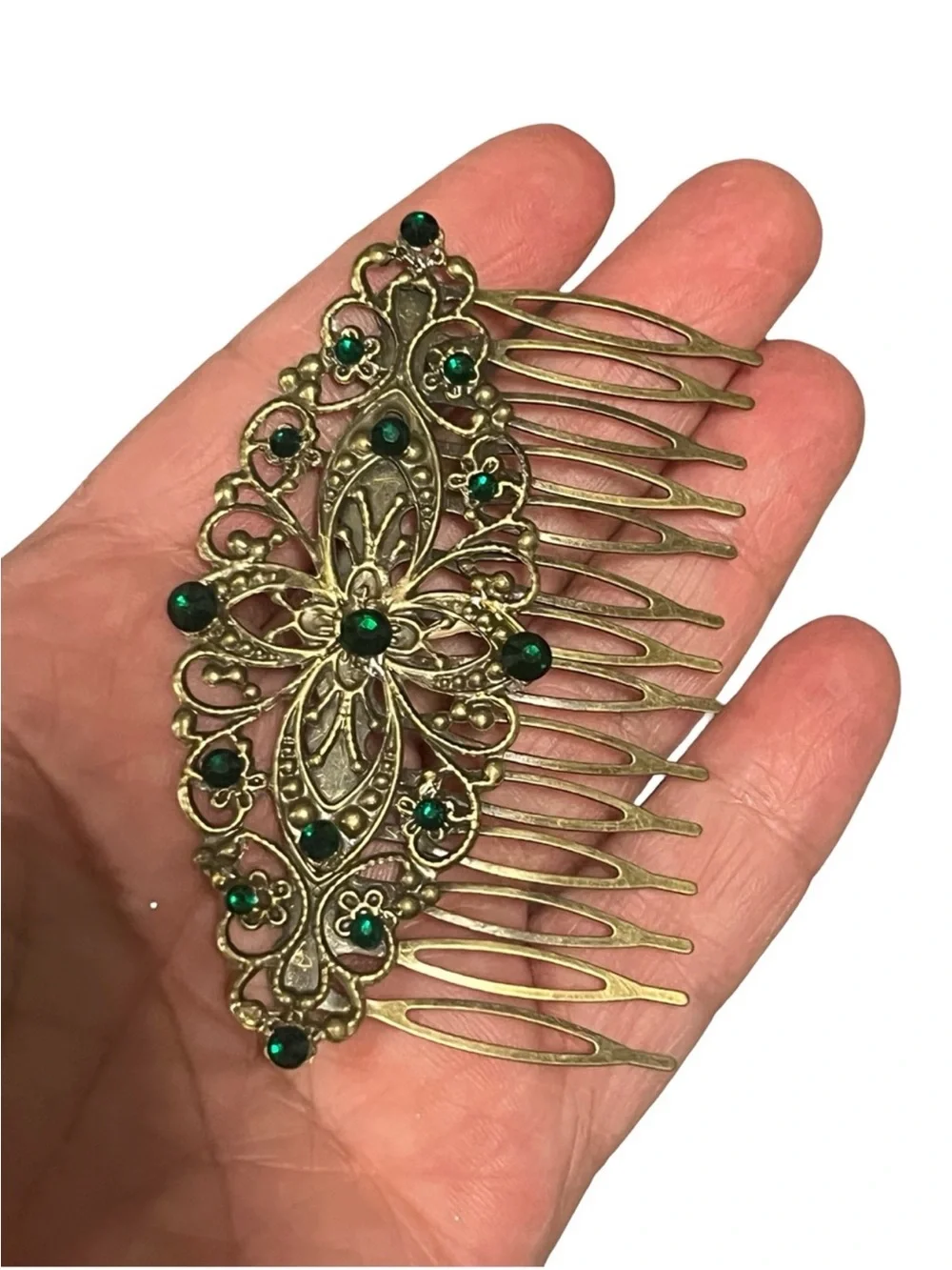 Antique-Style Brass Hair Comb with Green Gem Accents FINAL PRICE DROP